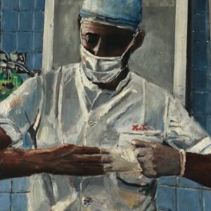 Painting Surgeon Removing Gloves