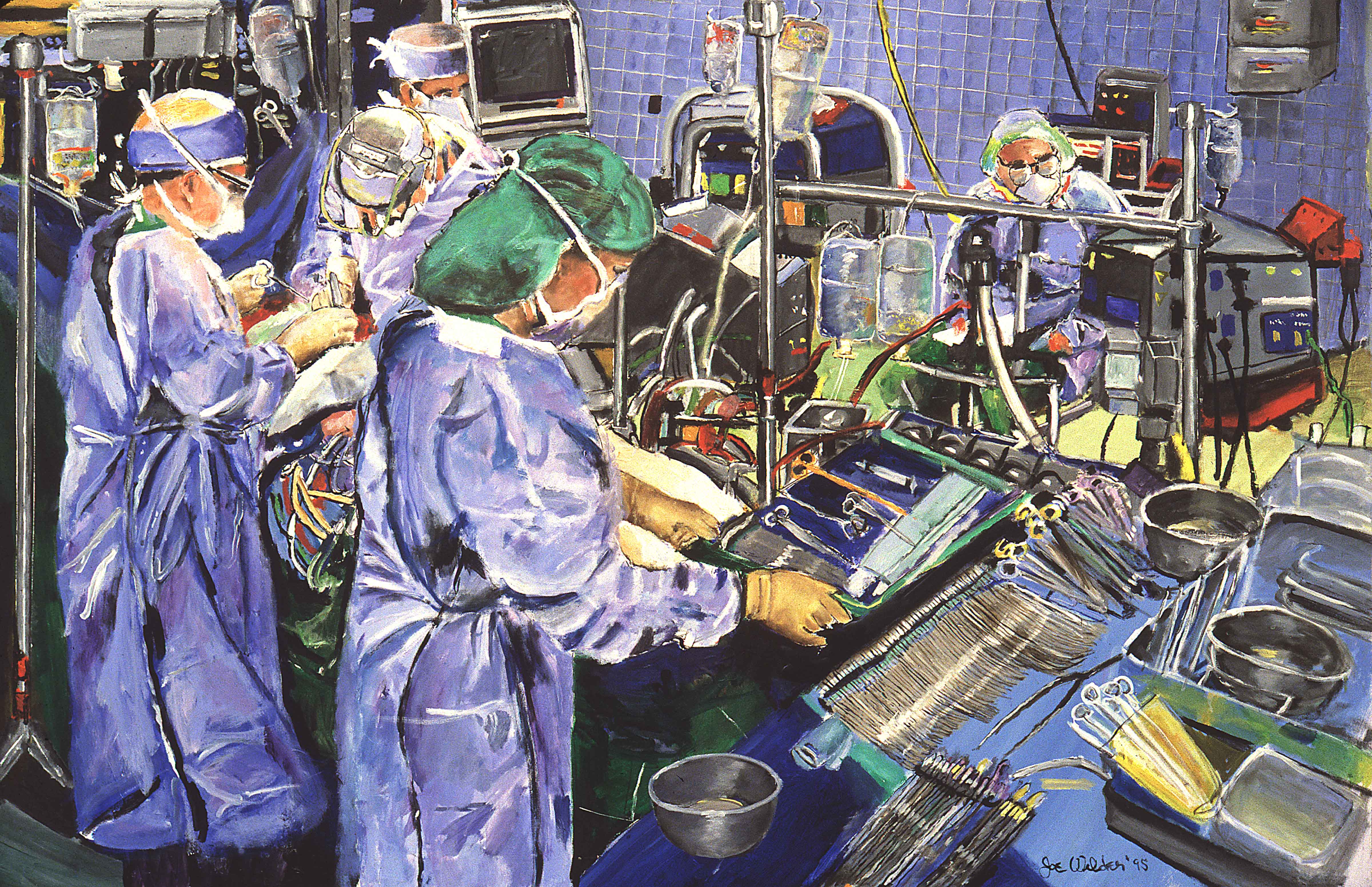 Around the operating table responsible surgeons function as a team. Click here to view painting.