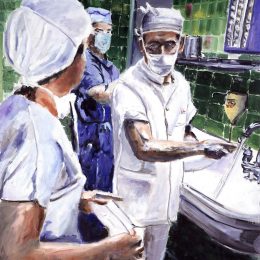 painting shows surgeon scrubbing hands before performing surgery 