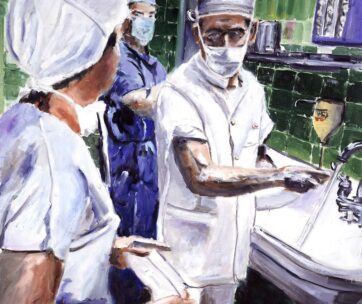 Surgeon Scrubbing Hands Preparing For Surgery
