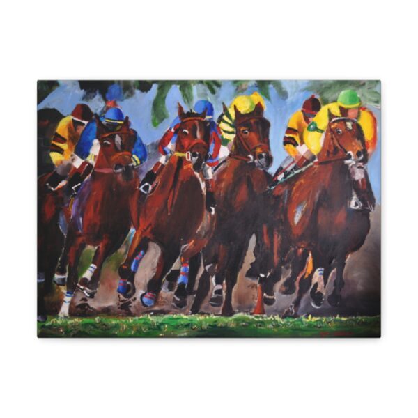 The Action and Vibrancy of a Horse Race Canvas Wall Art Print Racehorses and Jockeys Moving Towards the Finish Line.