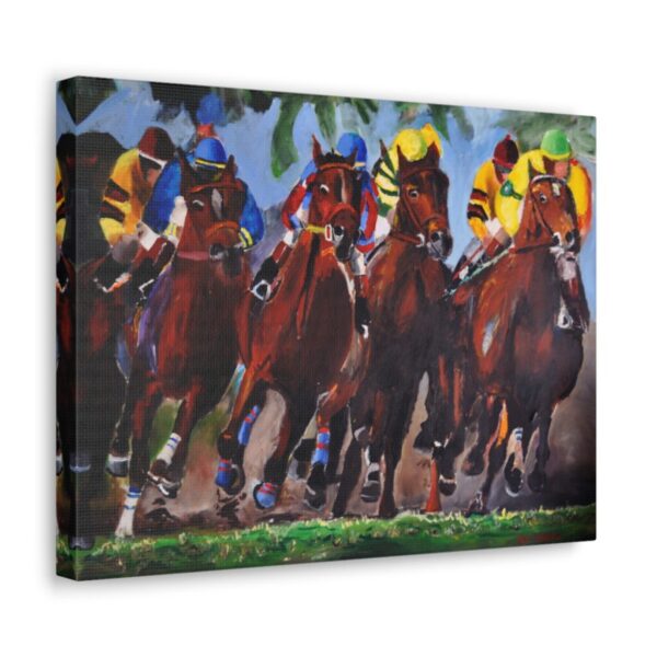 The Action and Vibrancy of a Horse Race Canvas Wall Art Print Racehorses and Jockeys Moving Towards the Finish Line.